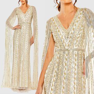 Mac Duggal 5915 Womens Size 10 Gold Silver Cream Cape Sleeve Gown Maxi Dress NWT